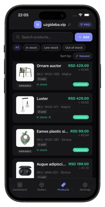 WooCommerce product inventory and stock management screen in the My Woo Stores app