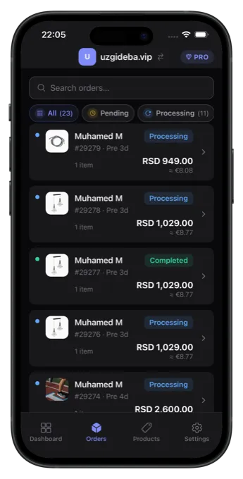 WooCommerce order list with status filters and search in the My Woo Stores app
