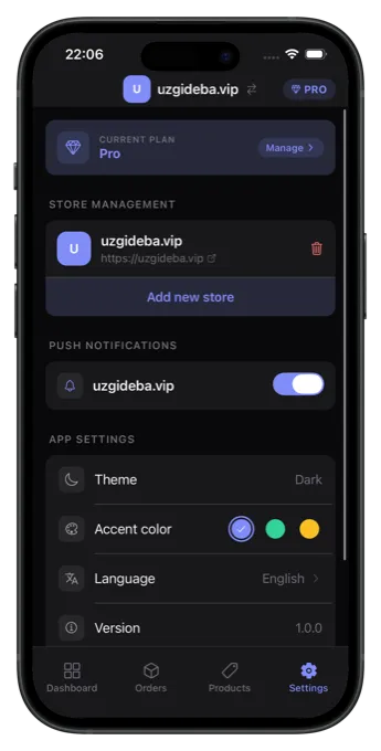 Multi-store and push notification settings in the My Woo Stores app
