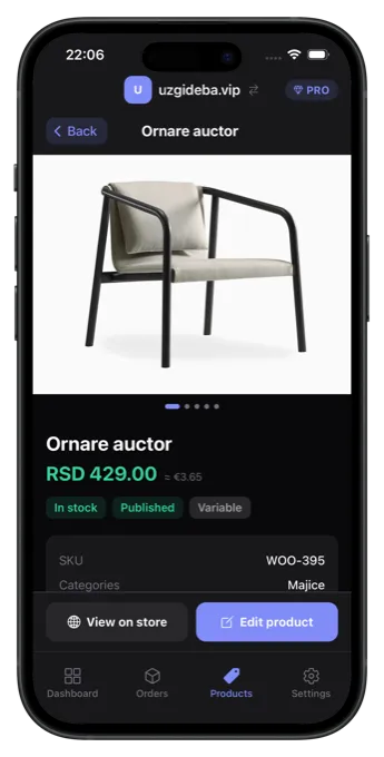WooCommerce product editing screen with image gallery in the My Woo Stores app