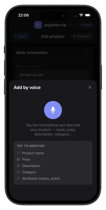 AI-powered voice input creating a WooCommerce product in the My Woo Stores app